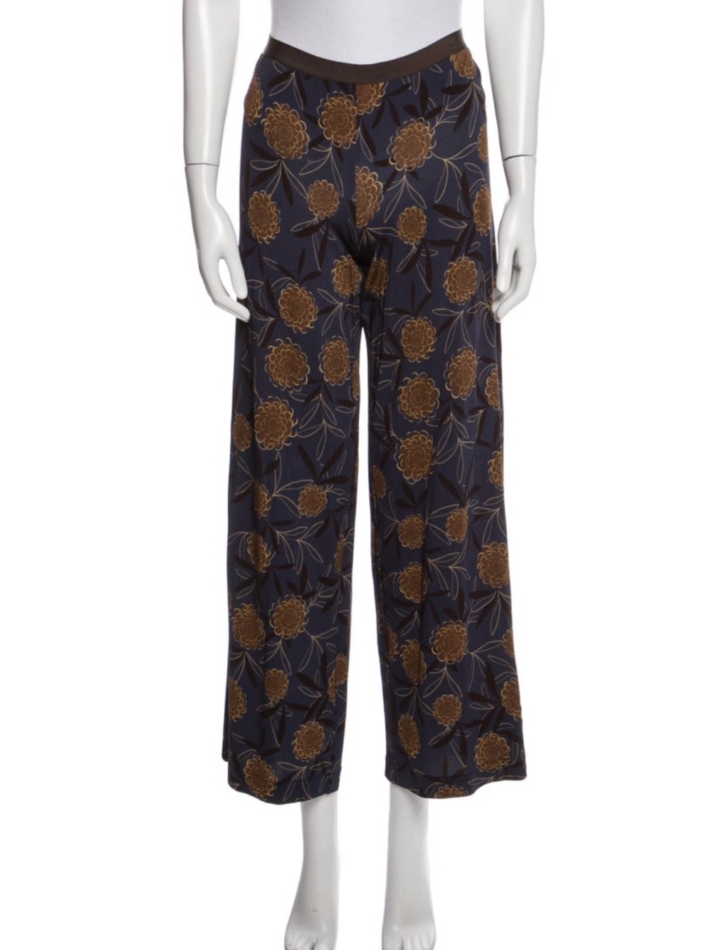 Siyu Navy Brown Floral Wide-Leg Pants